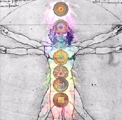 Verticsal Chakra symbols over human figure